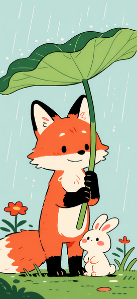A gentle red fox holding a giant green lotus leaf umbrella over a tiny white bunny in soft rain