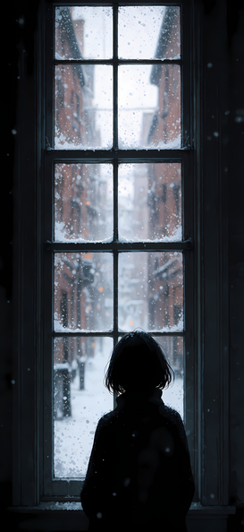 A silhouette at a tall window watching snow fall in a quiet street