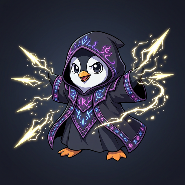 Chibi Tux the Linux penguin as a Path of Exile lightning spark witch